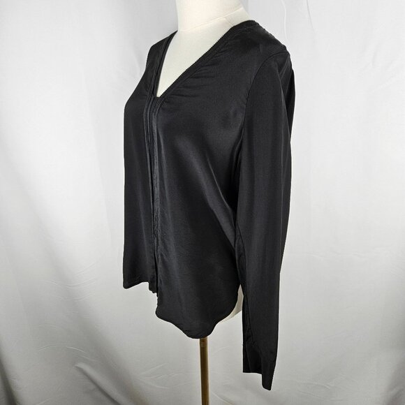 Vince Silk Blouse Small Picot Edge V-Neck Black Long Sleeve Quiet Luxury Career - Picture 4 of 11